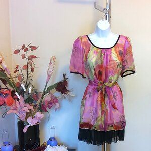 NWT Pink Floral Short Sleeve Scoop Neck Pleated Ruffle Summer Blouse Top Size S